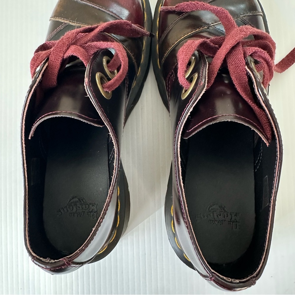 Dr. Martens Burgundy Red Platform Shoes with Yellow Stitching - Picture 7 of 15